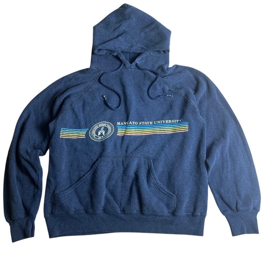 Vtg Velva Sheen Sweater Sweatshirt M Navy Rainbow Mankato State University